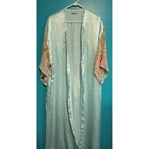 Vintage Cottagecore Val Mode Size med Blue Lingerie Mesh Satin Long Kimono Robe
